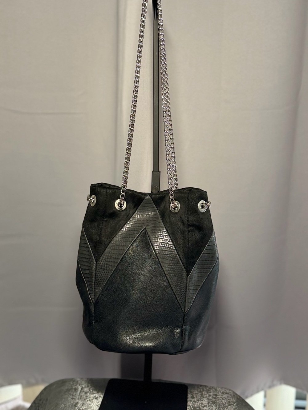 Express Black Shoulder Bucket Bag with Silver Chain Straps